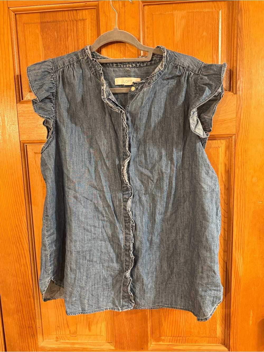 LOFT Sleeveless Ruffle-Trim Denim Top